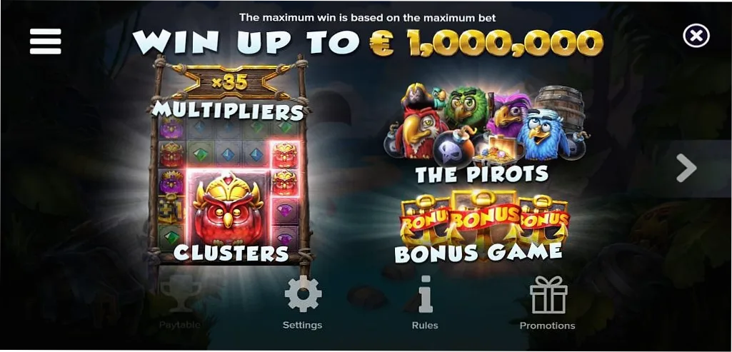 Pirots 1 rules intro screen Clusters Bonus Game